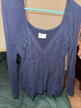 Hollister Navy Long Sleeve Lace-Detail Peasant Blouse